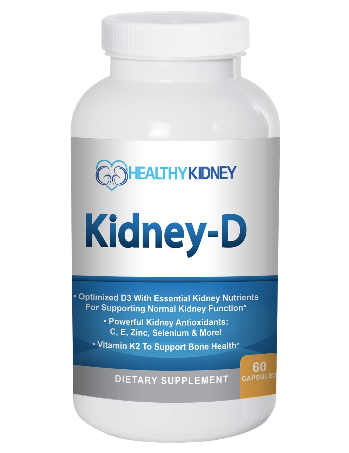 Kidney-D bottle front displays label with vitamin D and kidney nutrients for daily support.