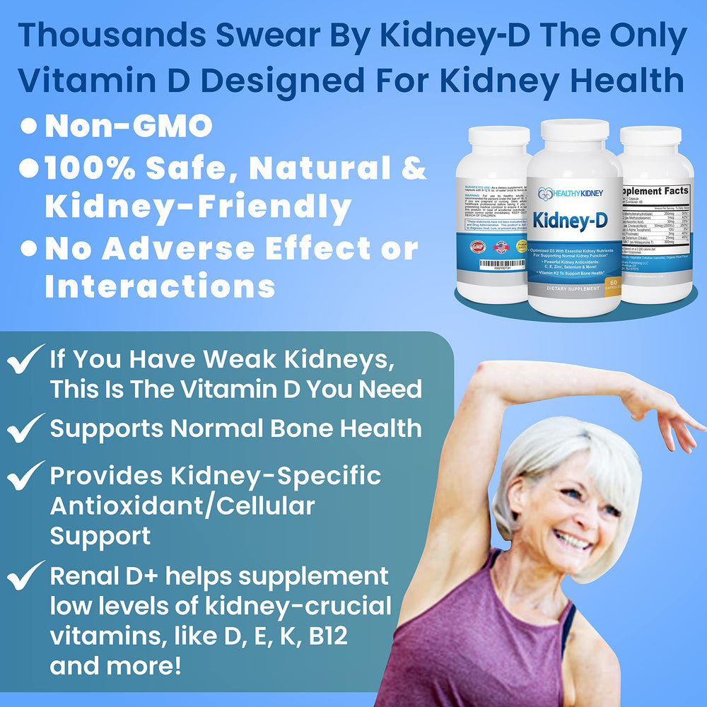 Kidney-D ingredients visual hints at K2 MK7 and antioxidants for bone and vascular health.