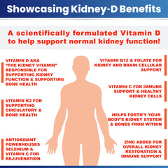 Kidney-D bottle with glass conveys everyday wellness and consistent Vitamin D intake.