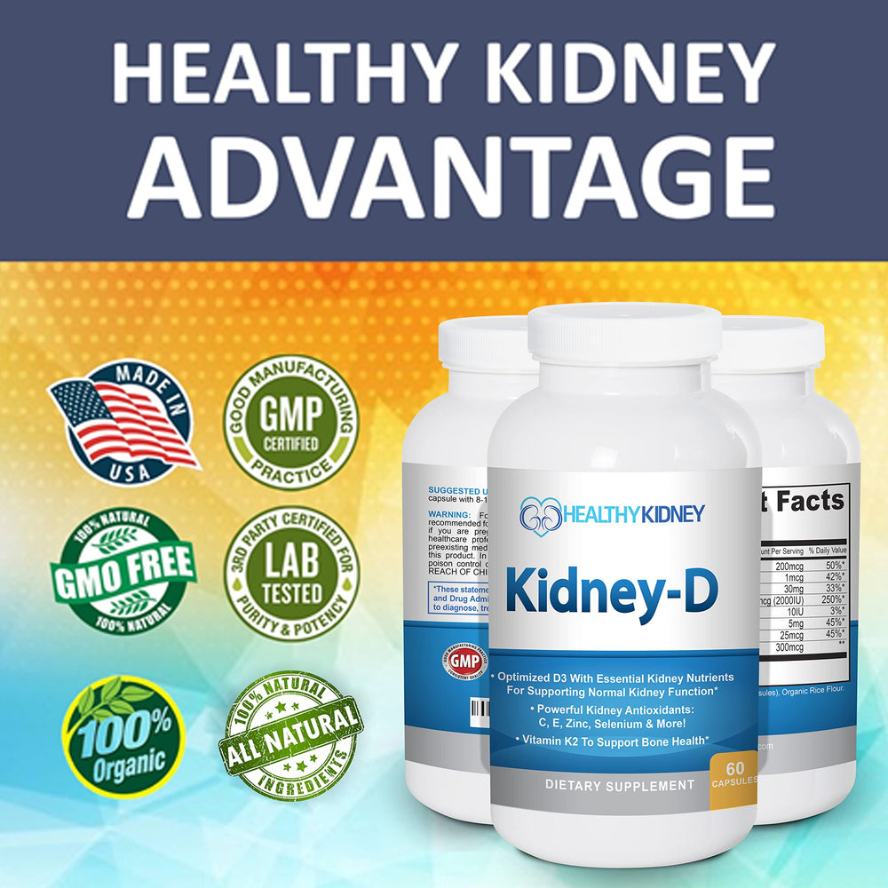 Kidney-D bottle with capsule and label emphasizes daily routine support.