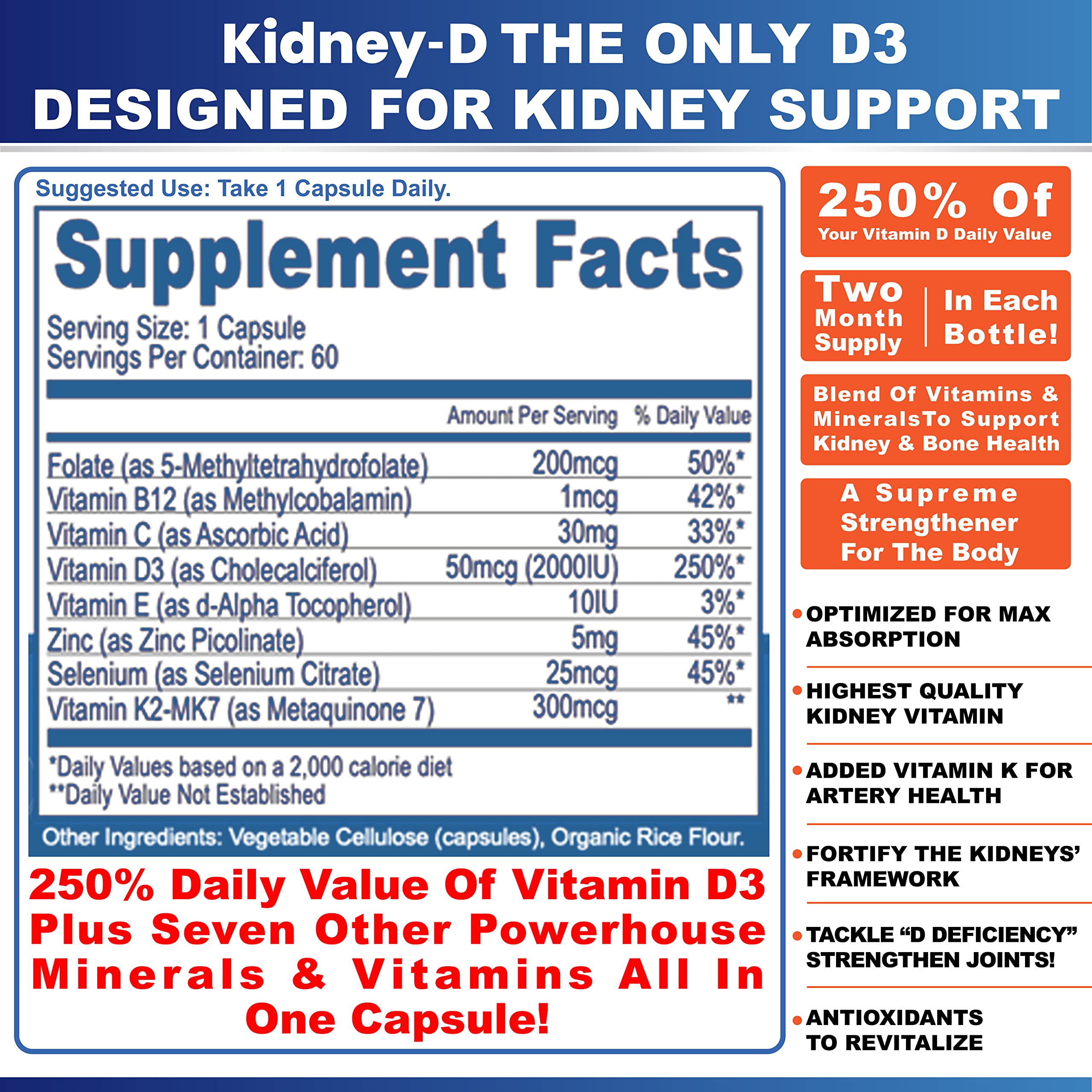 Kidney-D label info reveals Vitamin D3 and seven nutrients for kidney support.