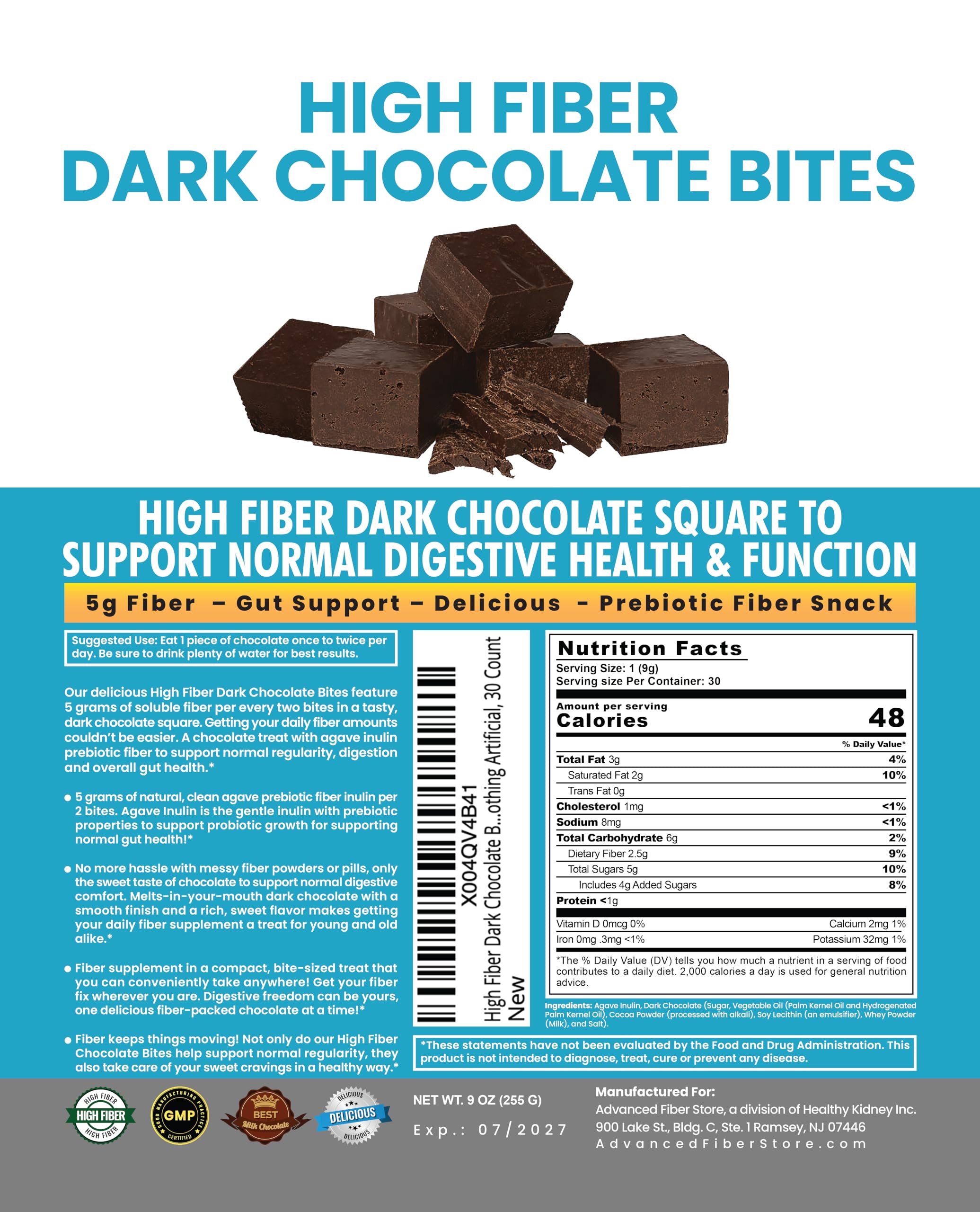 Kidney Restore dark chocolate bites on plate, dessert-like fiber snack.