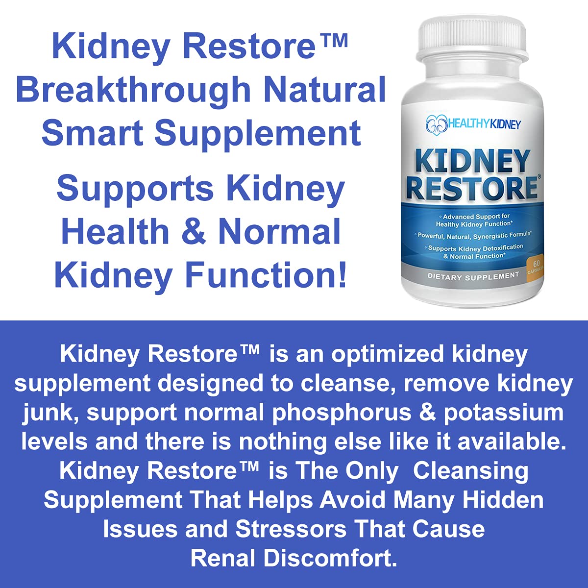 Kidney Restore bottle demonstrates kidney function support through natural ingredients