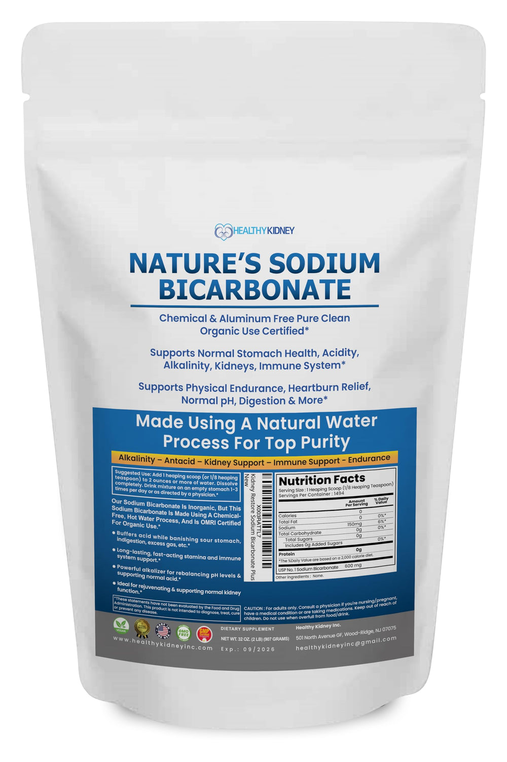 Kidney Restore Nature’s Sodium Bicarbonate baking soda powder for versatile kitchen use and subtle acid buffering.
