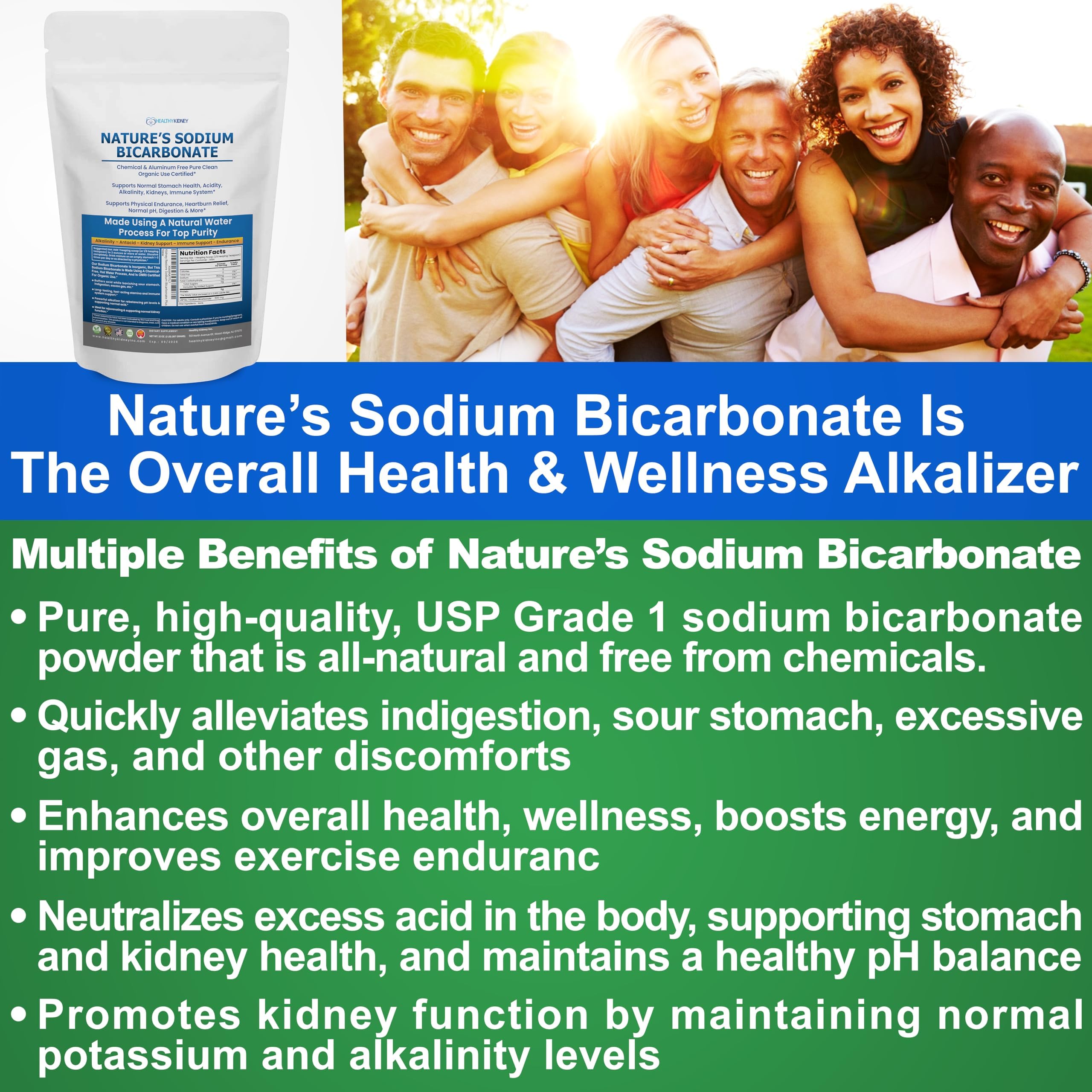 Kidney Restore Nature’s Sodium Bicarbonate label close-up emphasizes purity and organic use.