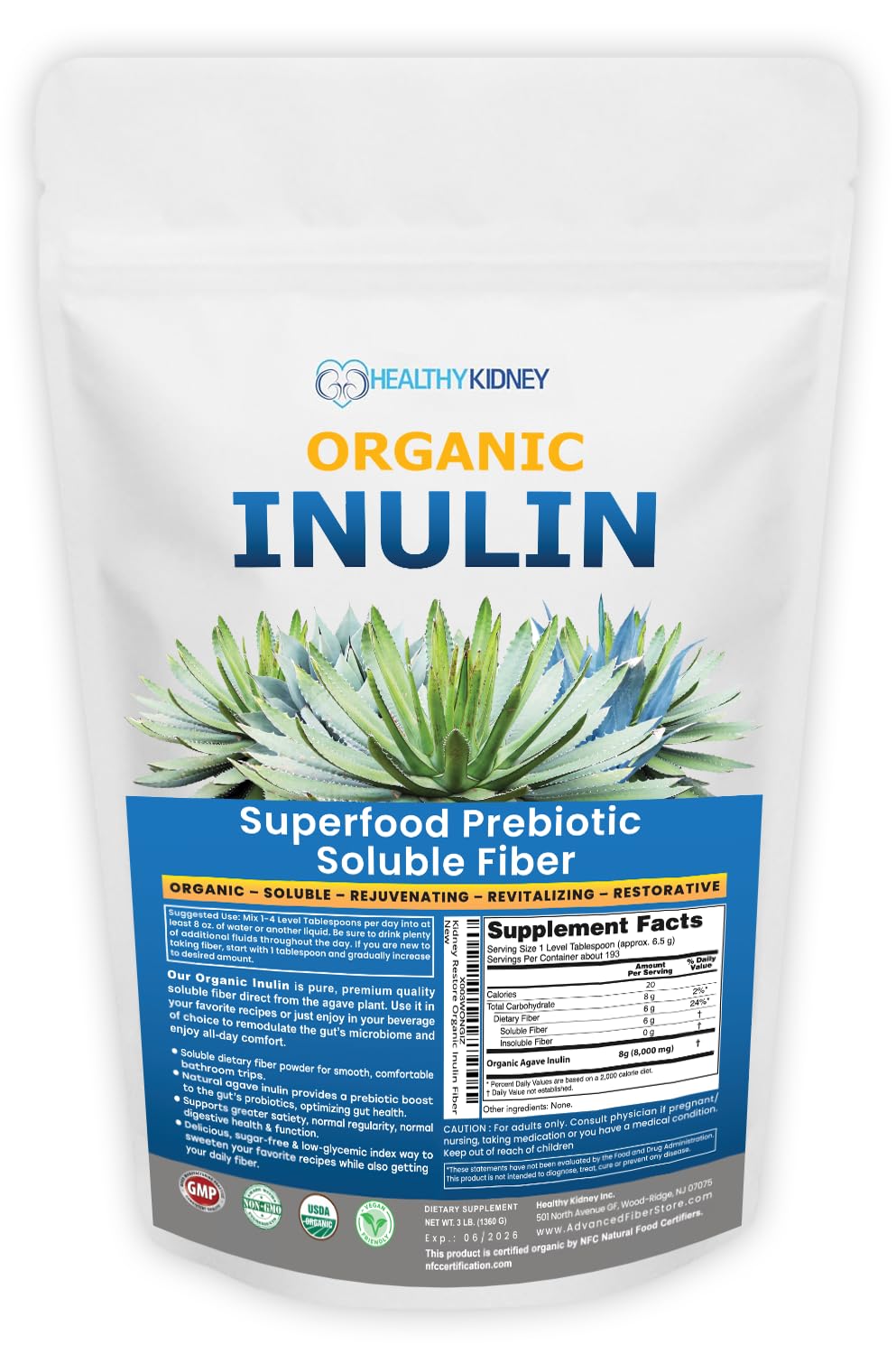 Kidney Restore Organic Inulin Powder bottle front, plant-based prebiotic for gentle digestion.