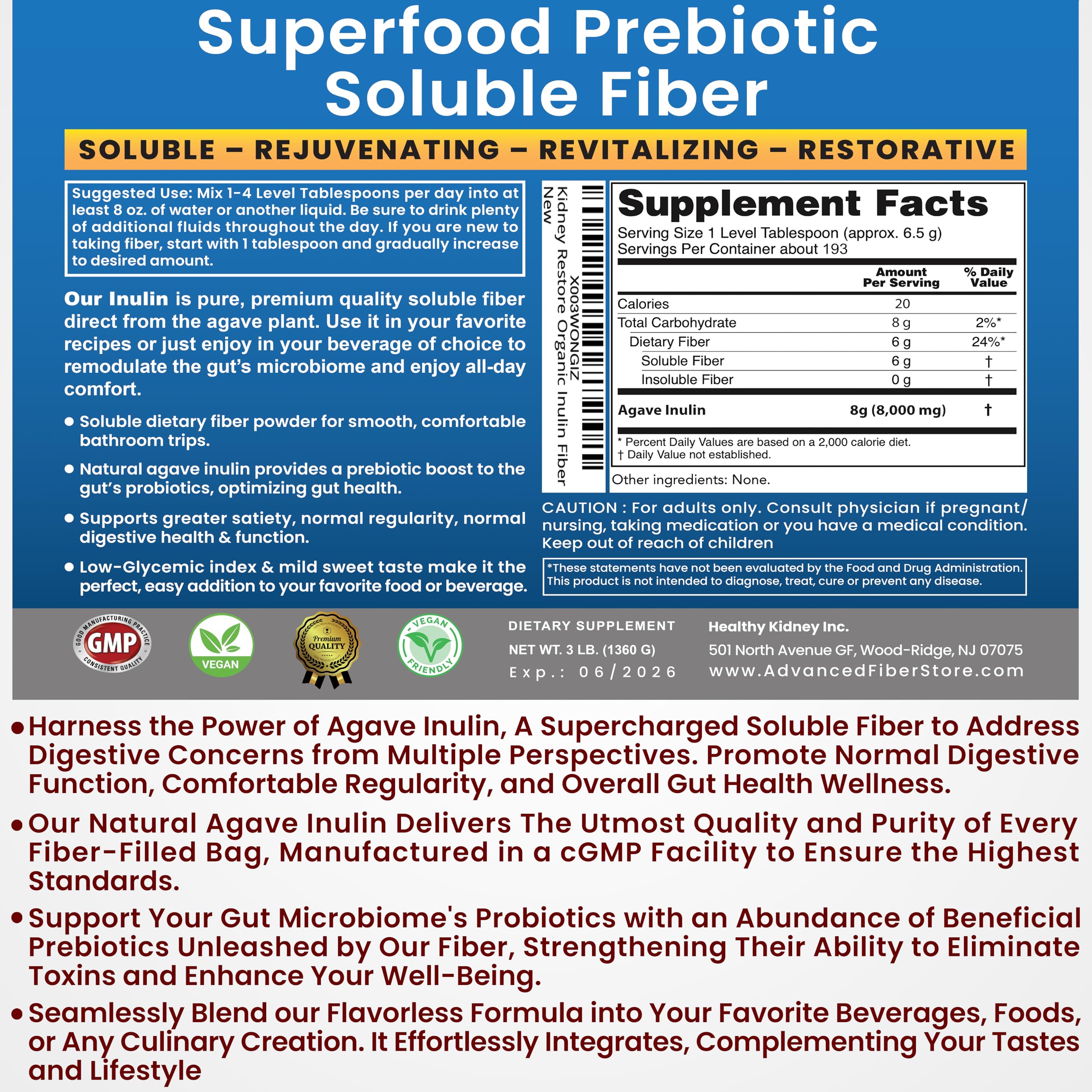 Kidney Restore Organic Inulin powder labeled jar emphasizes purity and potency.