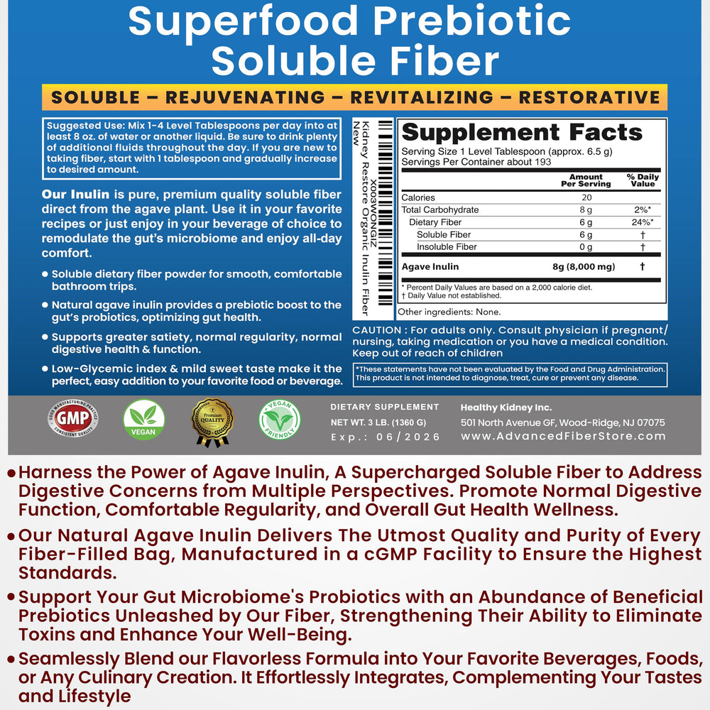 Kidney Restore Organic Inulin powder labeled jar emphasizes purity and potency.