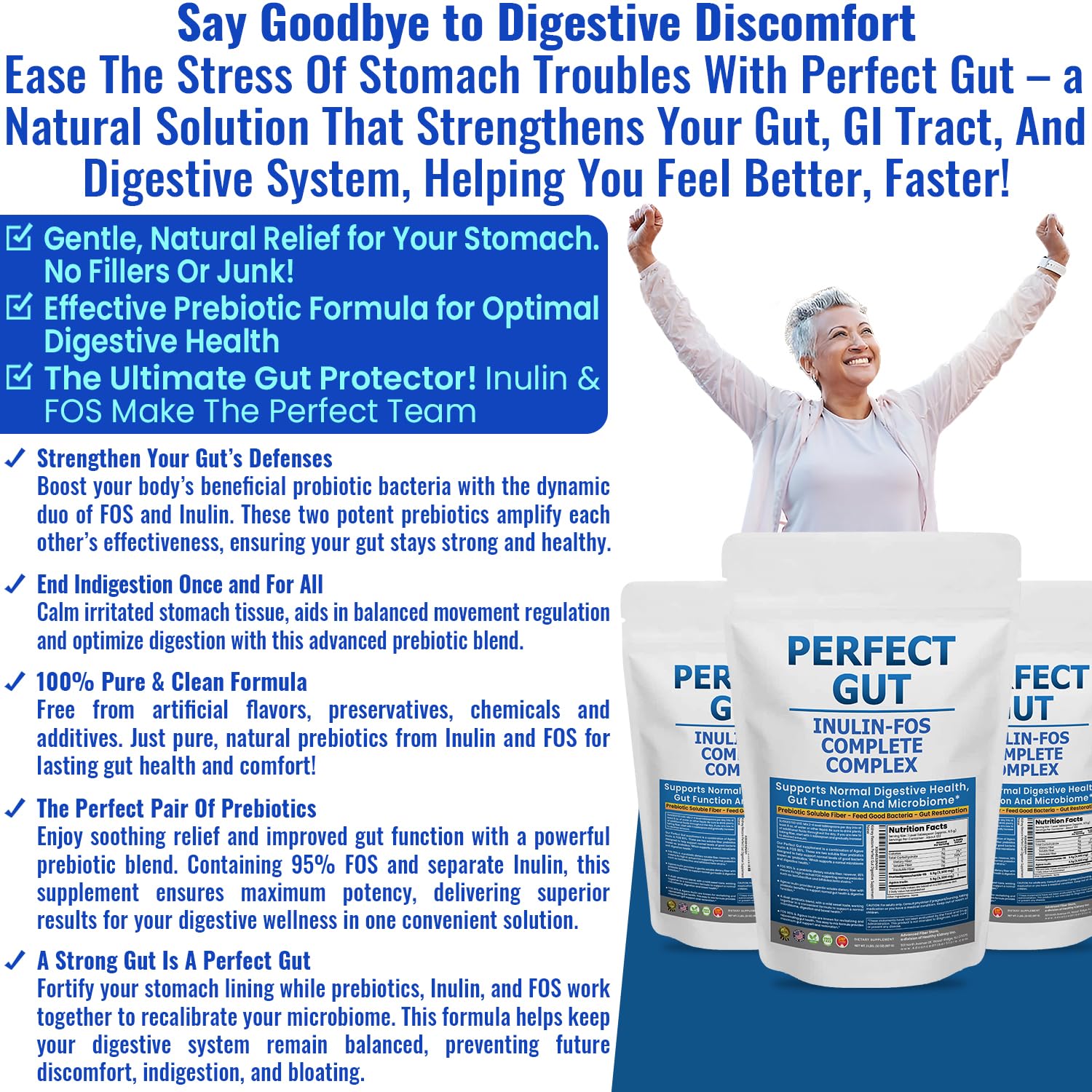 Kidney Restore Perfect Gut label close-up highlighting 95percent FOS content.