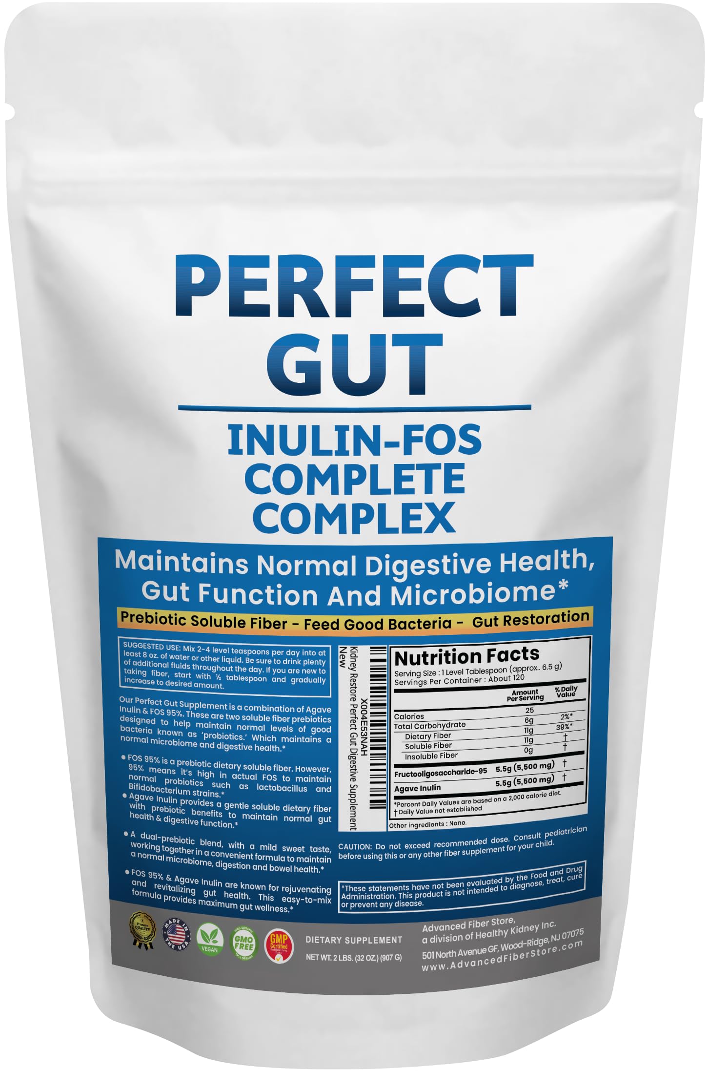 Kidney Restore Perfect Gut powder tub shows a high-prebiotic blend for gut health.