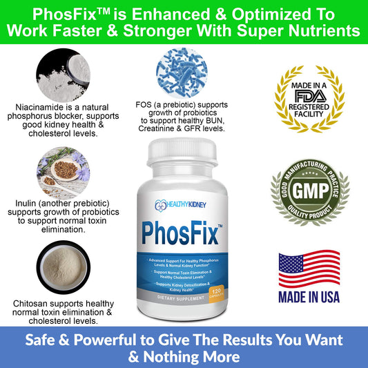PhosFix pills inside bottle illustrating a natural phosphorus binder for kidney health