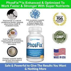 PhosFix pills inside bottle illustrating a natural phosphorus binder for kidney health