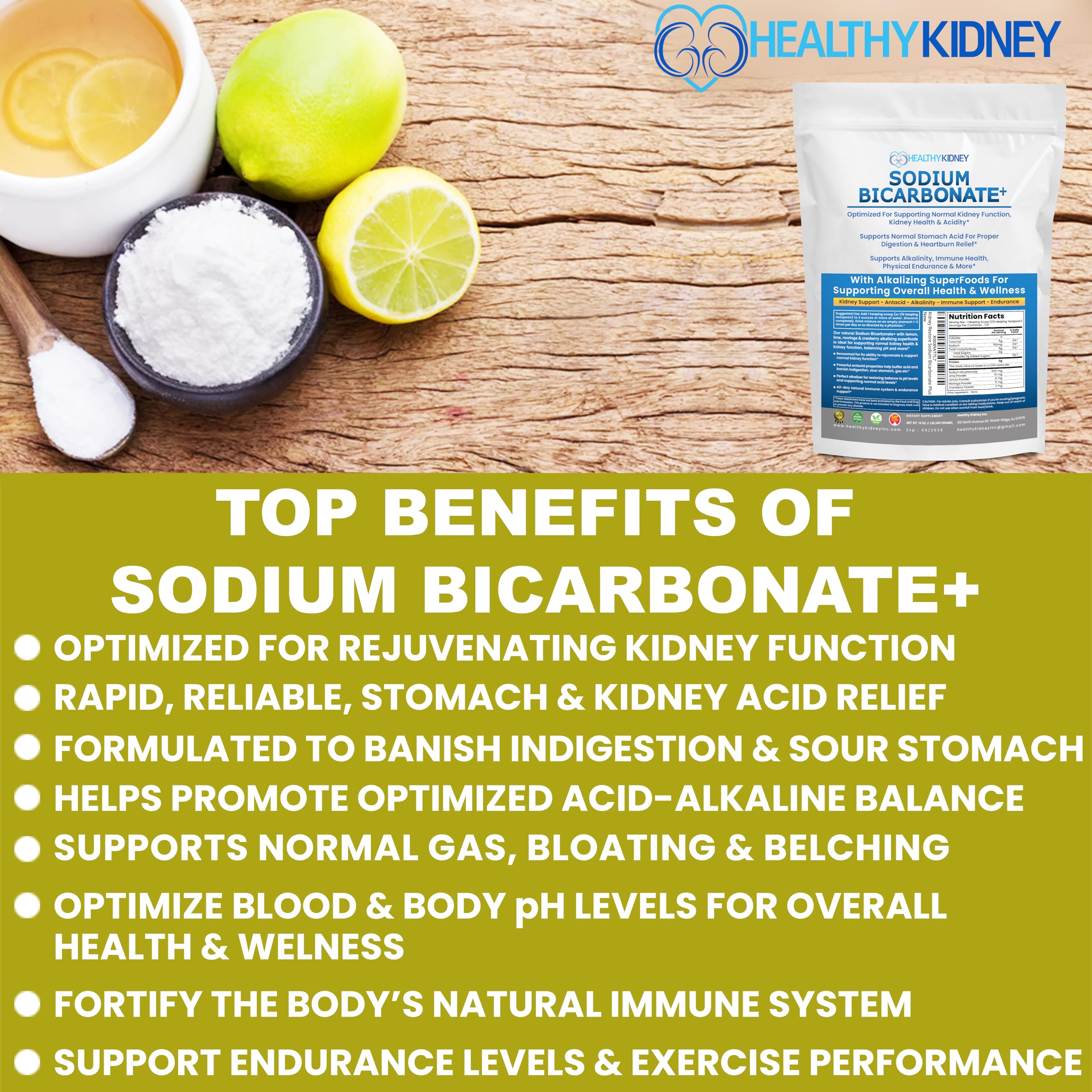Measuring scoop beside a glass of alkaline water using Kidney Restore powder.