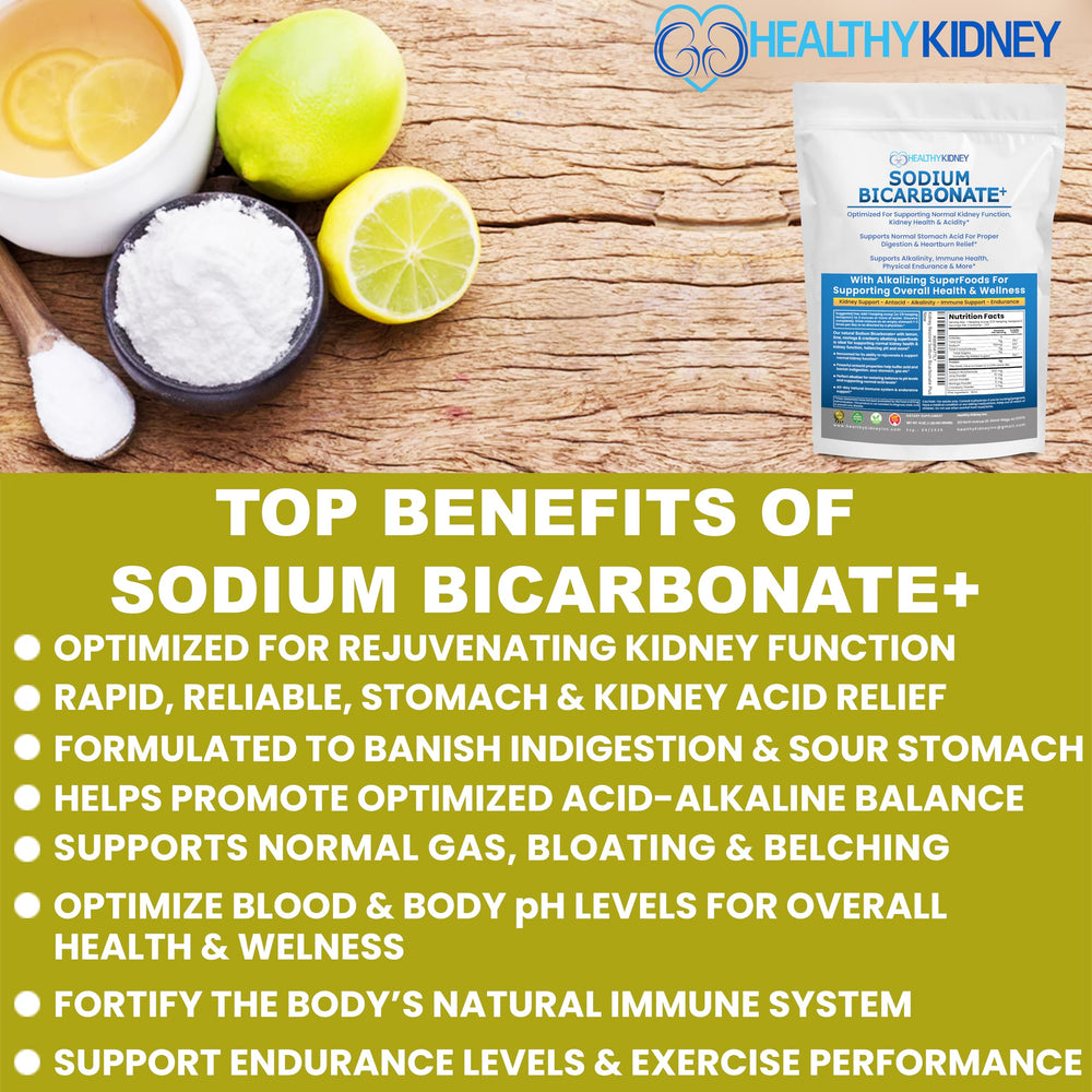 Measuring scoop beside a glass of alkaline water using Kidney Restore powder.