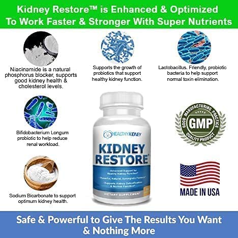 Kidney Restore renal health blend bottle with capsules hints at overall kidney function support