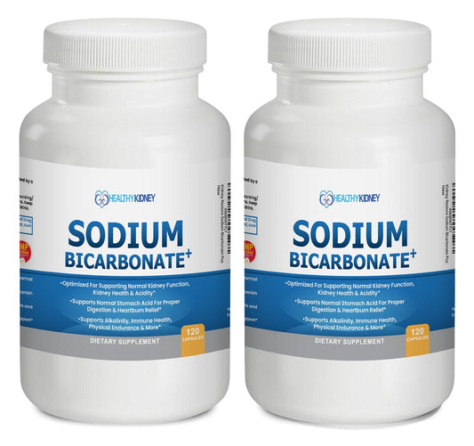 Kidney Restore sodium bicarbonate capsules label showing organic alkalizing blend for kidney support.