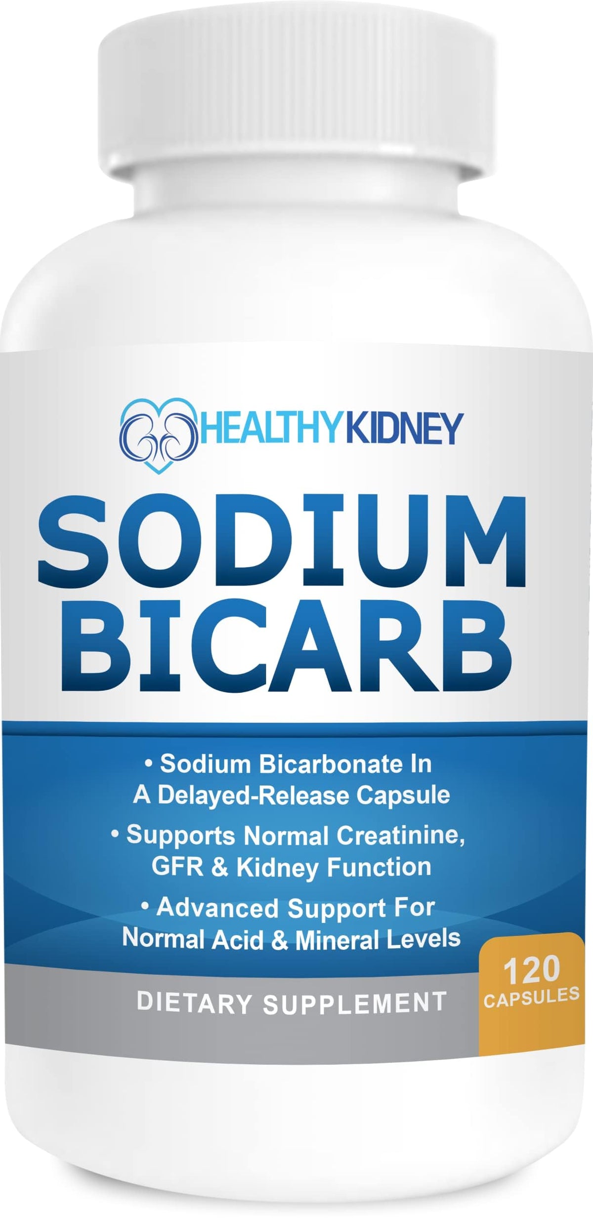 Kidney Restore sodium bicarbonate delayed-release capsules in bottle deliver to kidneys for balanced acid management.