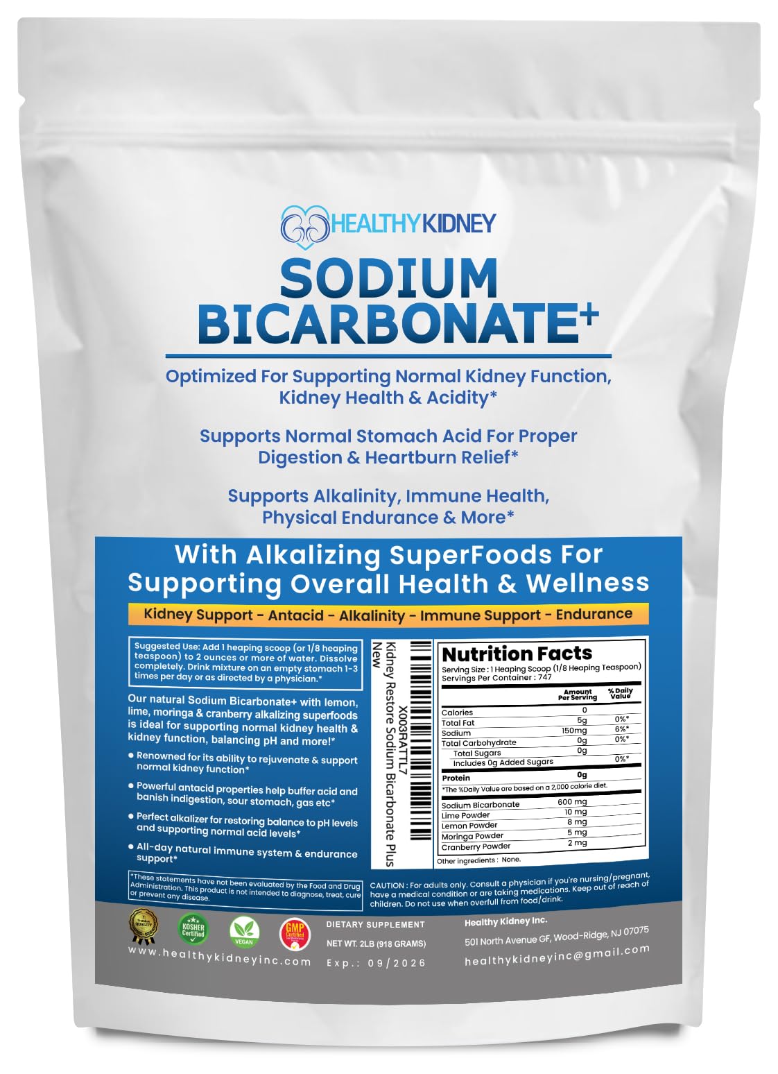 Kidney Restore bottle of organic sodium bicarbonate powder for alkalinity and digestion support.
