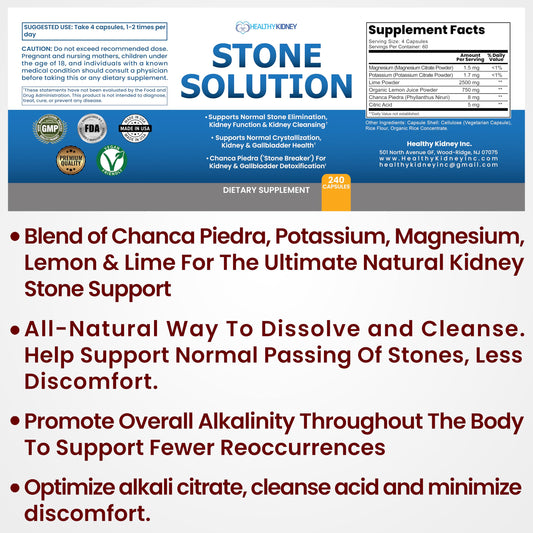 Kidney Restore Stone Solution label closeup highlights key ingredients for stone support