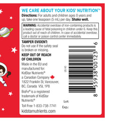 KidStar BioFe+ iron liquid family-use bottle on kitchen counter.