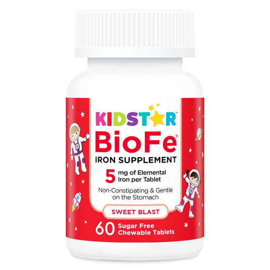 KidStar BioFe Pure Iron chewable bottle front promotes daily iron support for families.