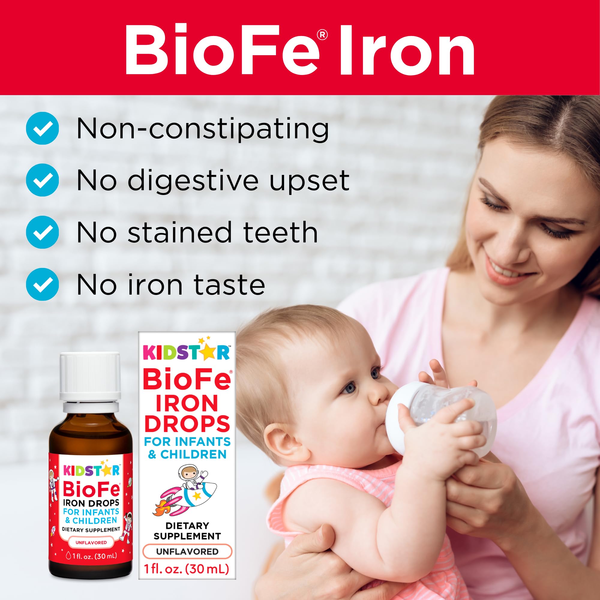 KidStar BioFe Pure Iron Drops bottle shown non-staining for teeth.