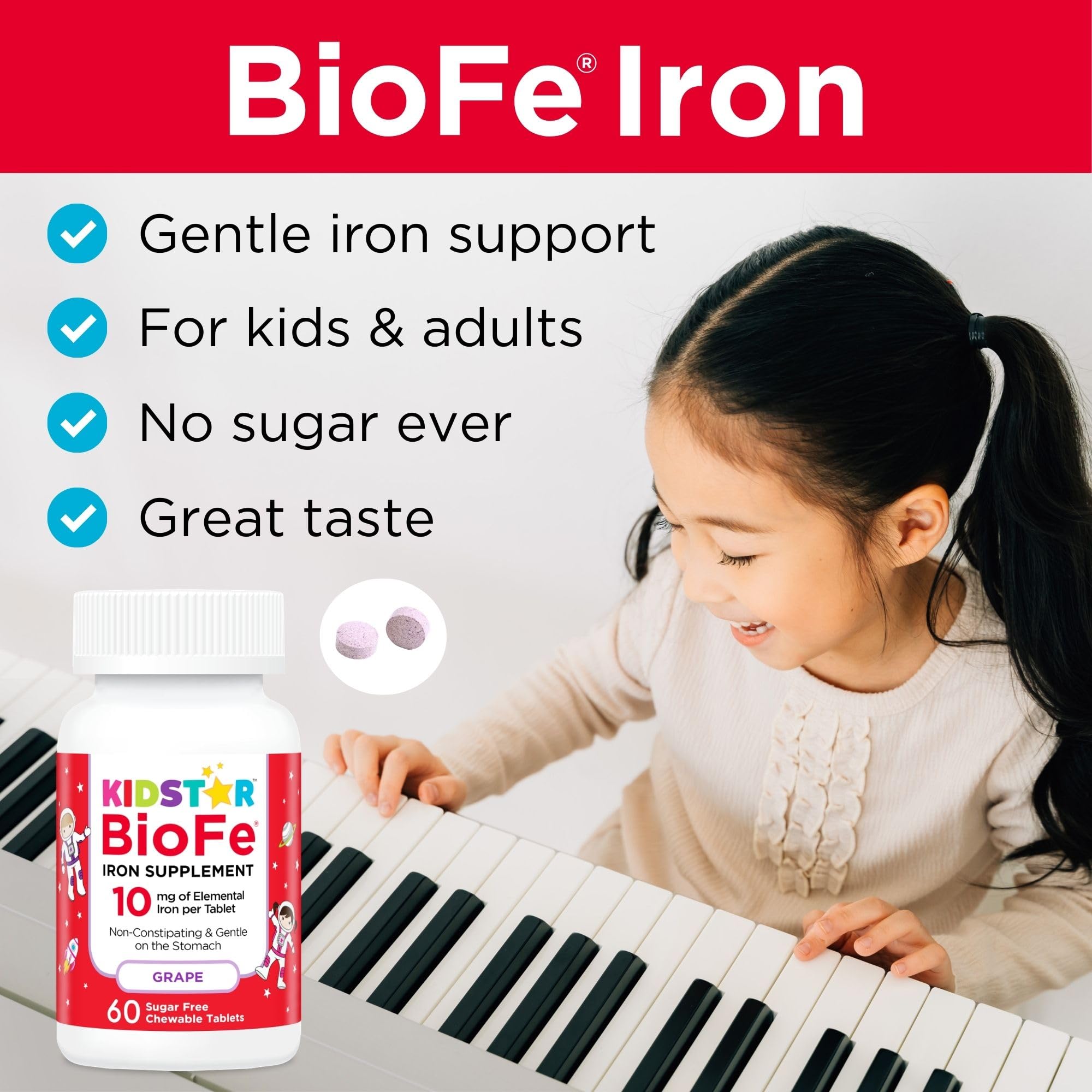 KidStar Nutrients BioFe Pure Iron Chewables kid-friendly packaging highlights easy dosing and bottle count