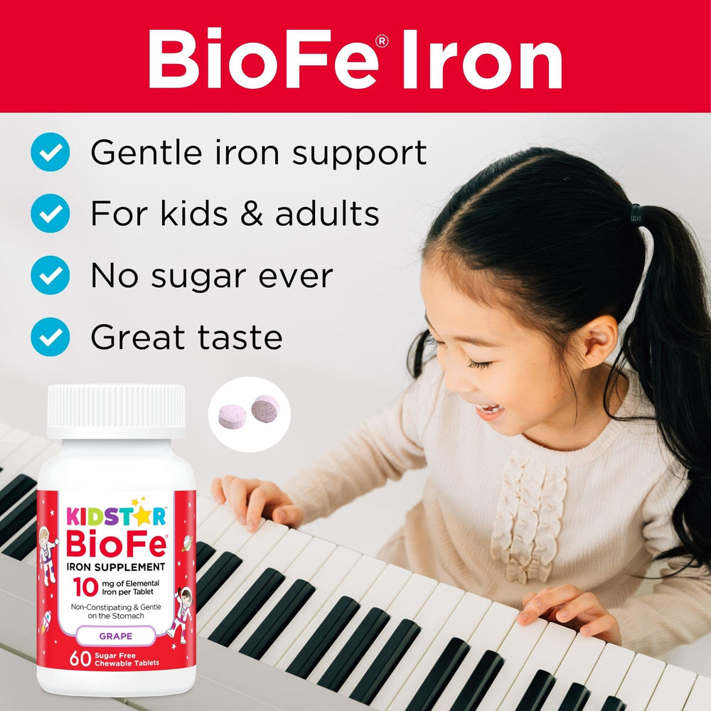 KidStar Nutrients BioFe Pure Iron Chewables kid-friendly packaging highlights easy dosing and bottle count