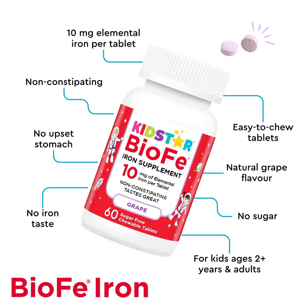 Natural grape flavor BioFe bottle label communicates a tasty, sugar-free iron option for kids