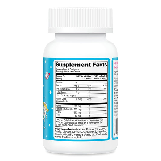 KidStar Nutrients omega-3 bottle label highlighting 250 mg DHA per serving
