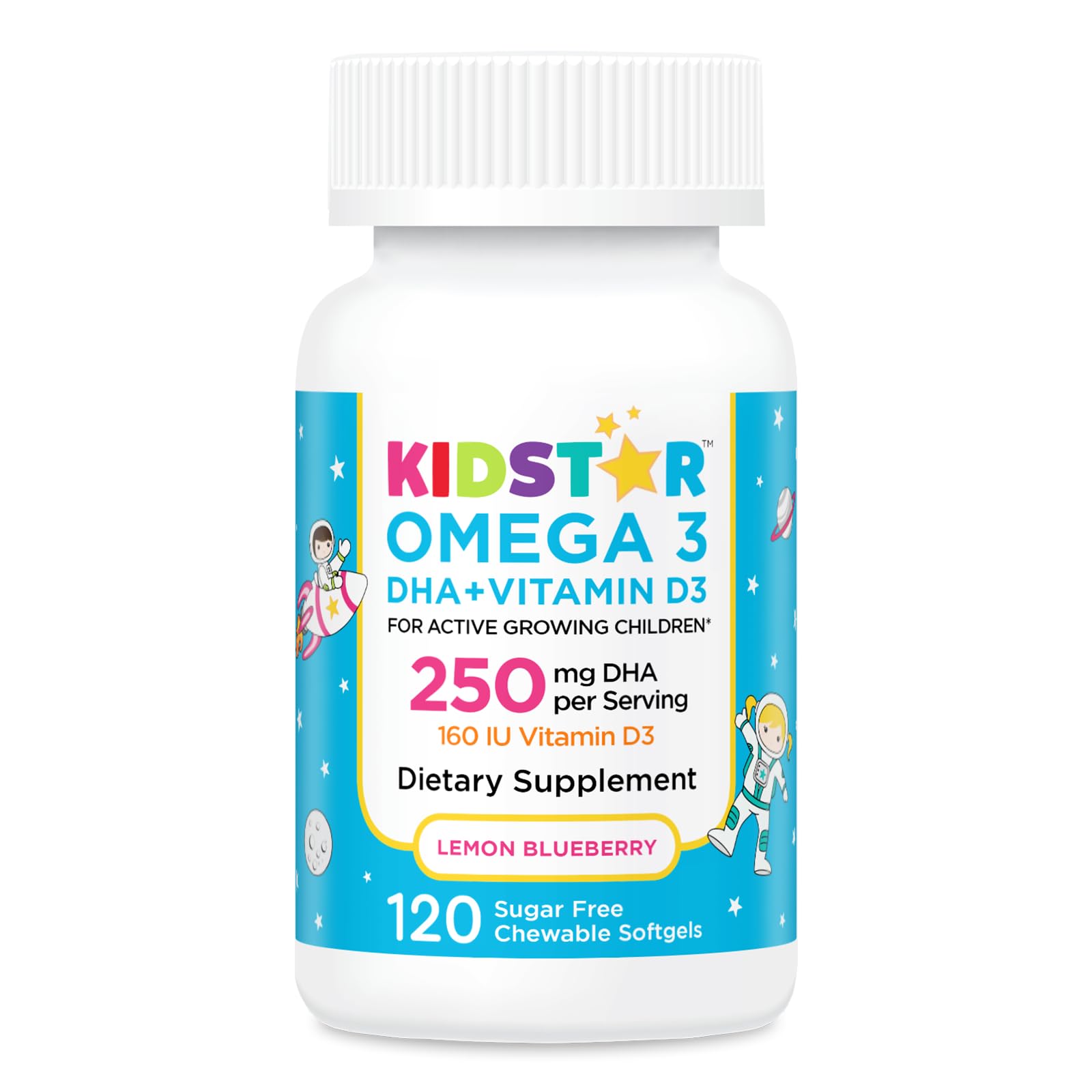 KidStar Nutrients Omega-3 softgels in lemon-blueberry flavor bottle for kid-friendly daily DHA