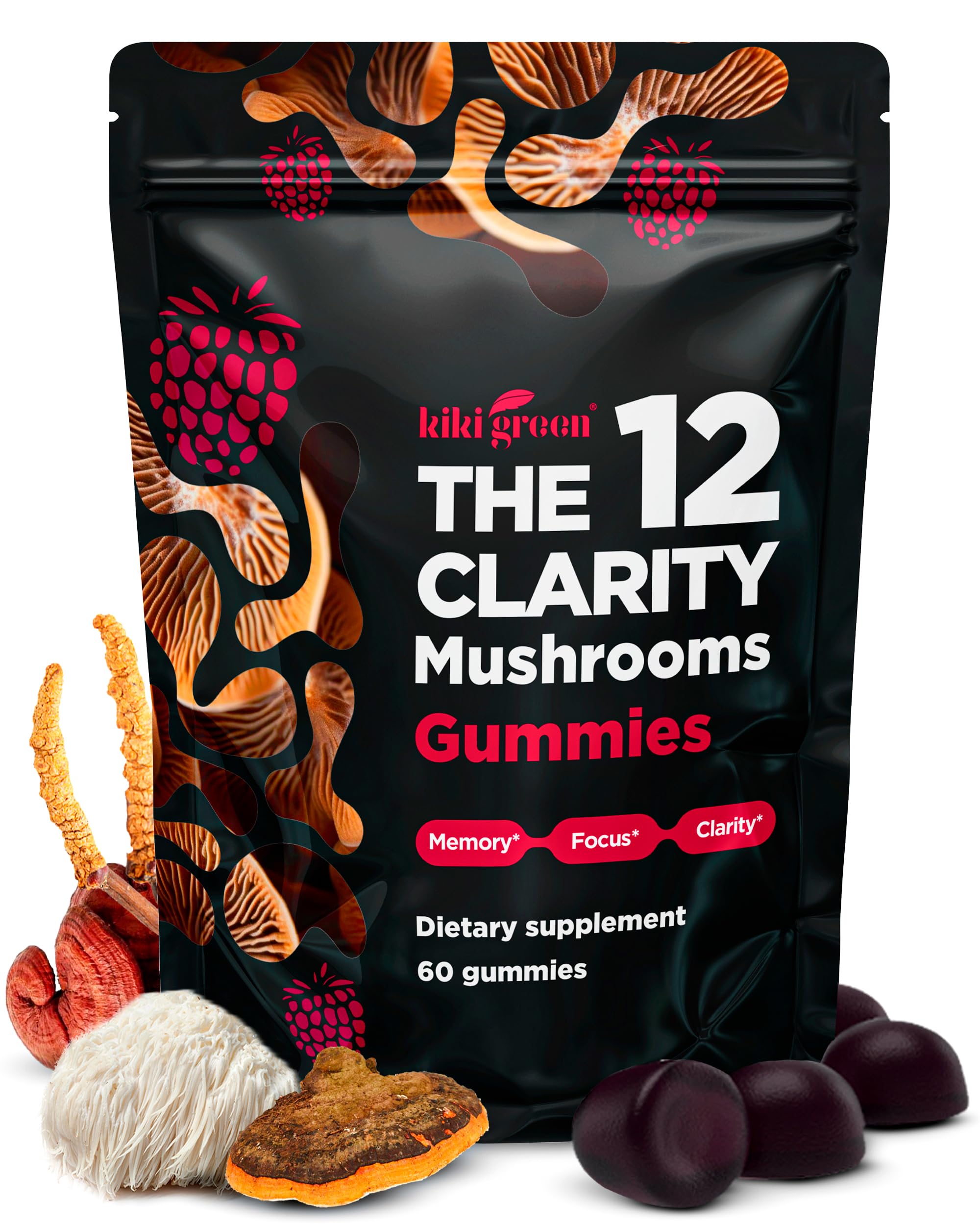 KIKI Green 12 Mushroom Gummies raspberry bottle highlighting 12-mushroom blend for daily focus