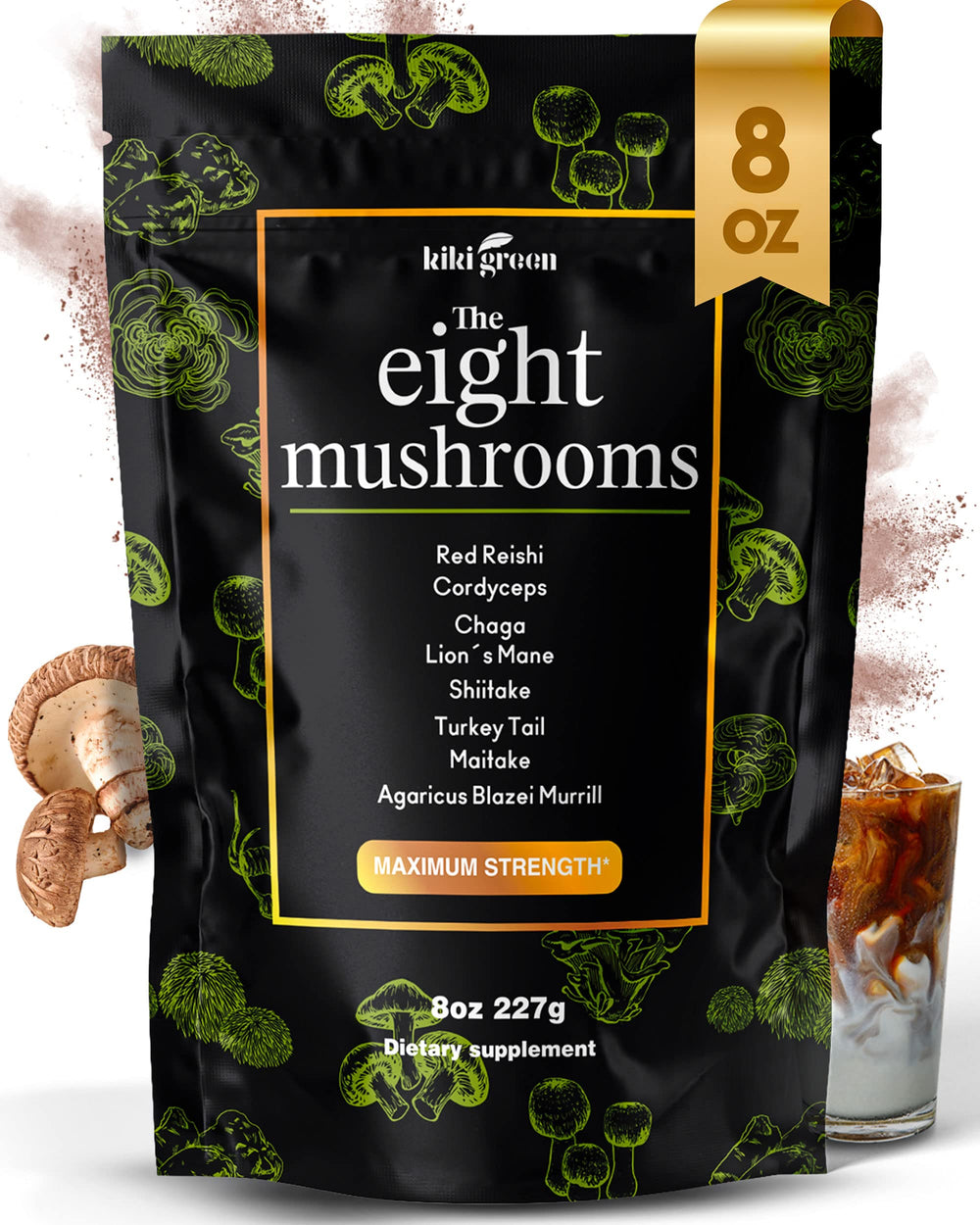 KIKI Green 8 Mushrooms Powder bottle for easy daily use in drinks