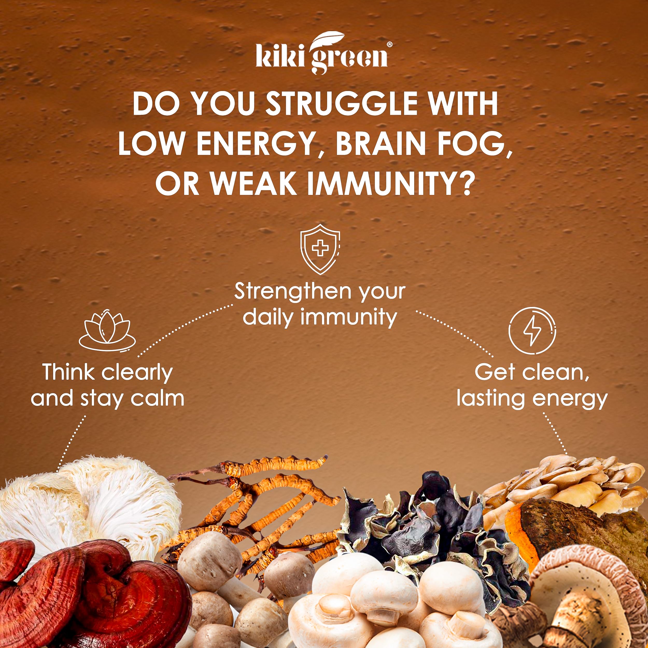 KIKI Green 8 Mushrooms Powder ingredients list on packaging