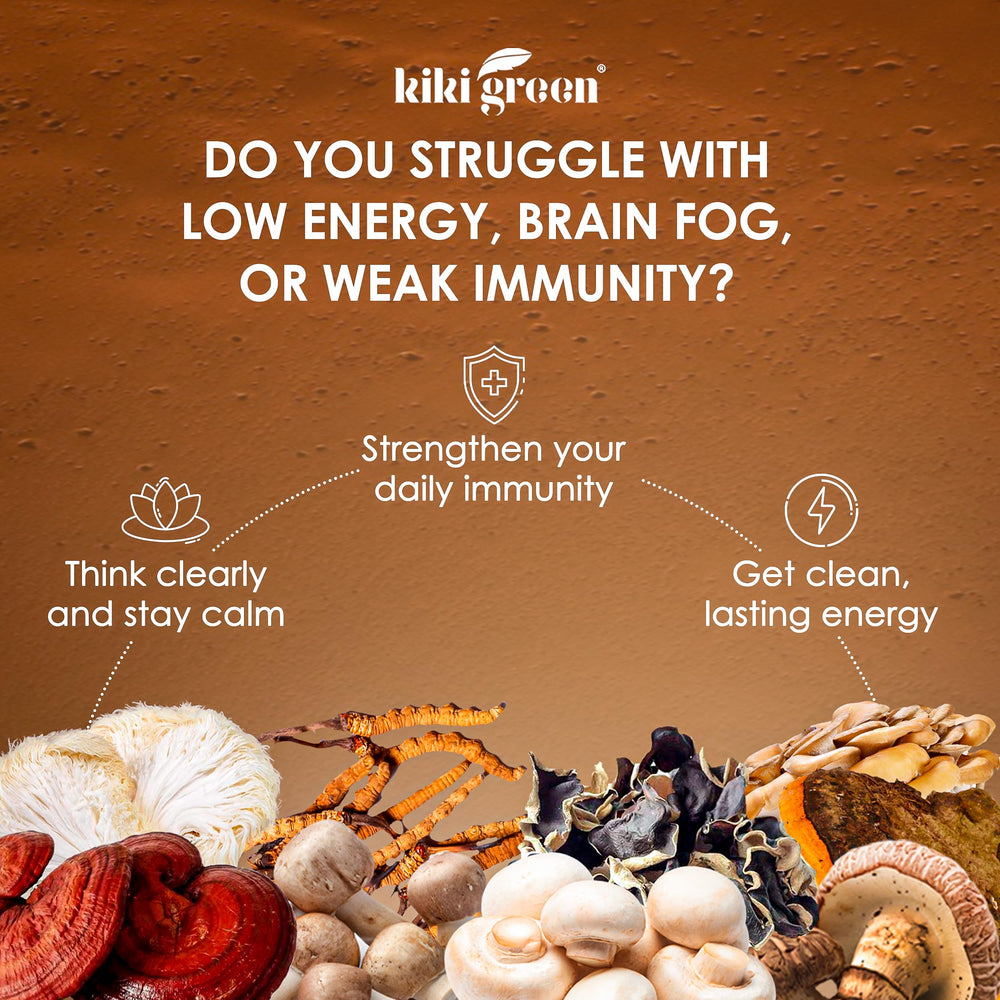 KIKI Green 8 Mushrooms Powder ingredients list on packaging