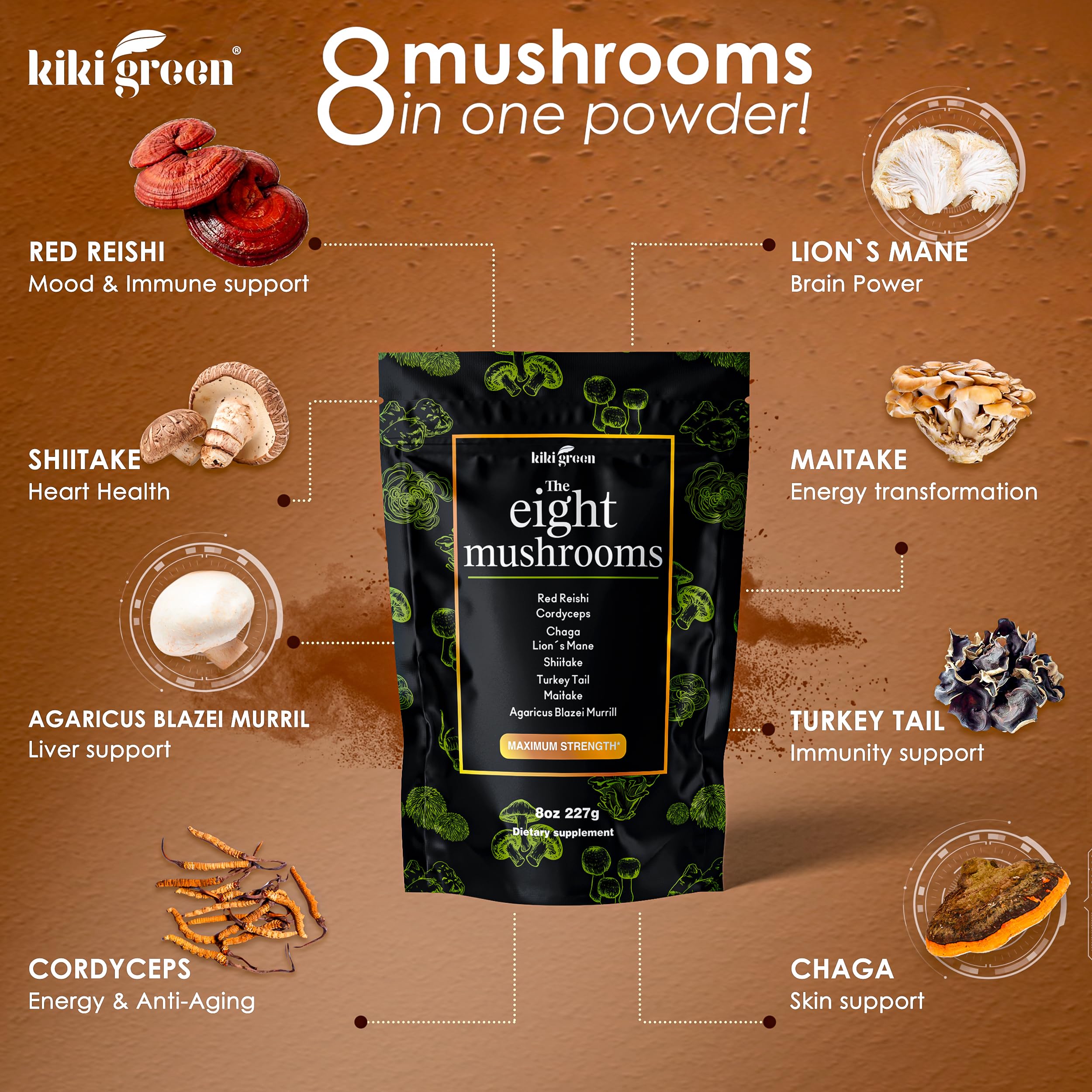 KIKI Green 8 Mushrooms Powder scoop beside the jar for precise mixing