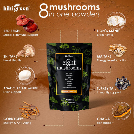 KIKI Green 8 Mushrooms Powder scoop beside the jar for precise mixing