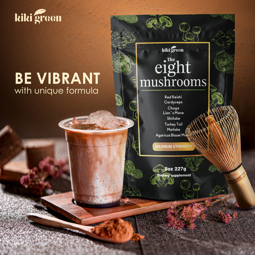 KIKI Green 8 Mushrooms Powder in a smoothie glass for versatility