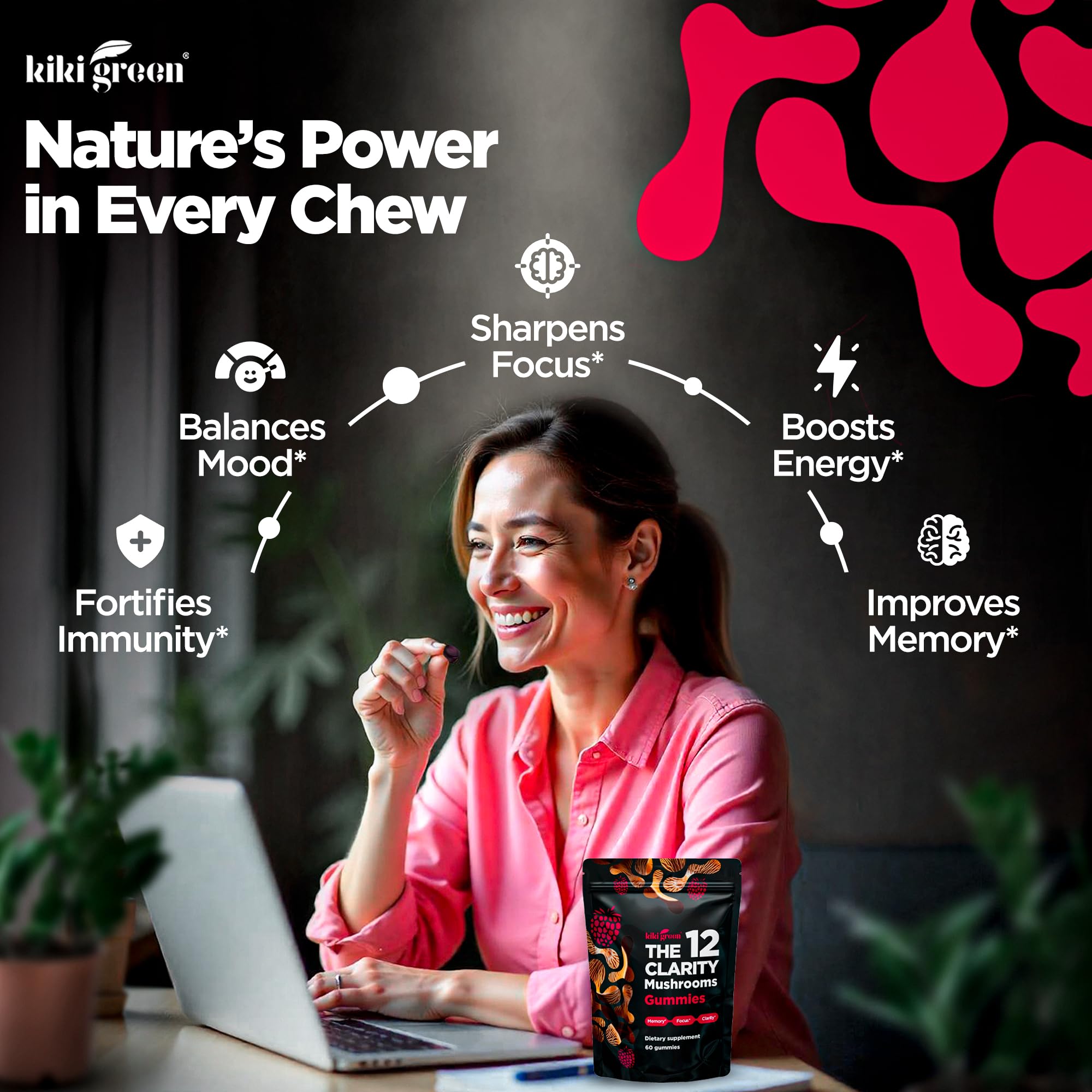 KIKI Green raspberry-flavored gummies closeup emphasizes tasty, convenient daily energy support