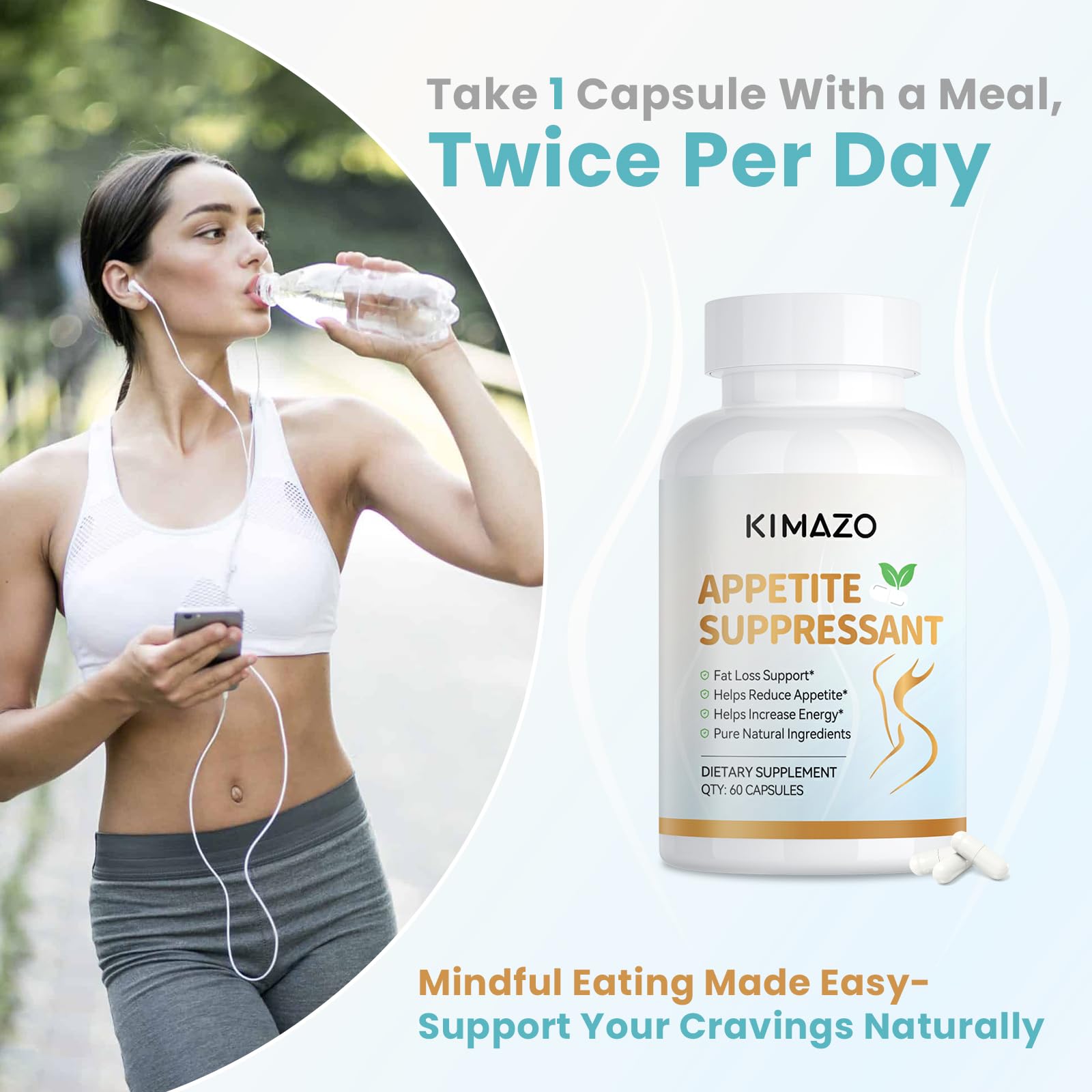 KIMAZO New-Appetite capsules jar image emphasizing easy daily intake.