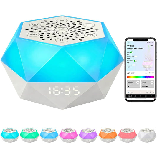Kimiyoo Sleep Sound Machine beside the bed with night light for calm nights