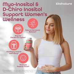 kindnature Myo-Inositol D-Chiro Inositol Gummies packaging highlights vegan, non-GMO formula for confidence.