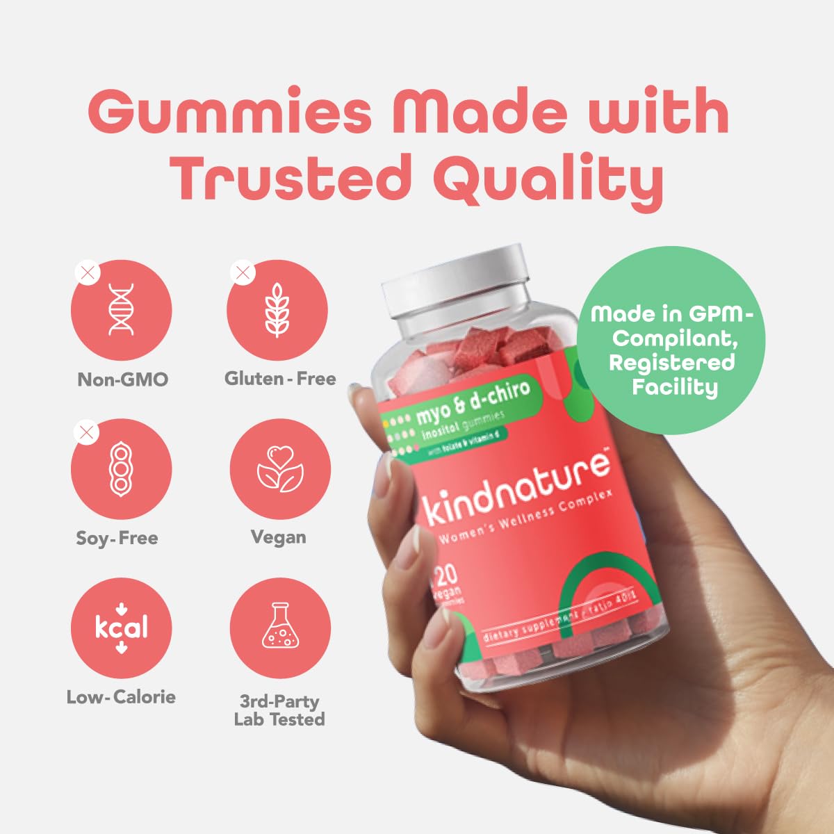 kindnature Myo-Inositol D-Chiro Inositol Gummies textured surface emphasizes chewy texture for daily use.