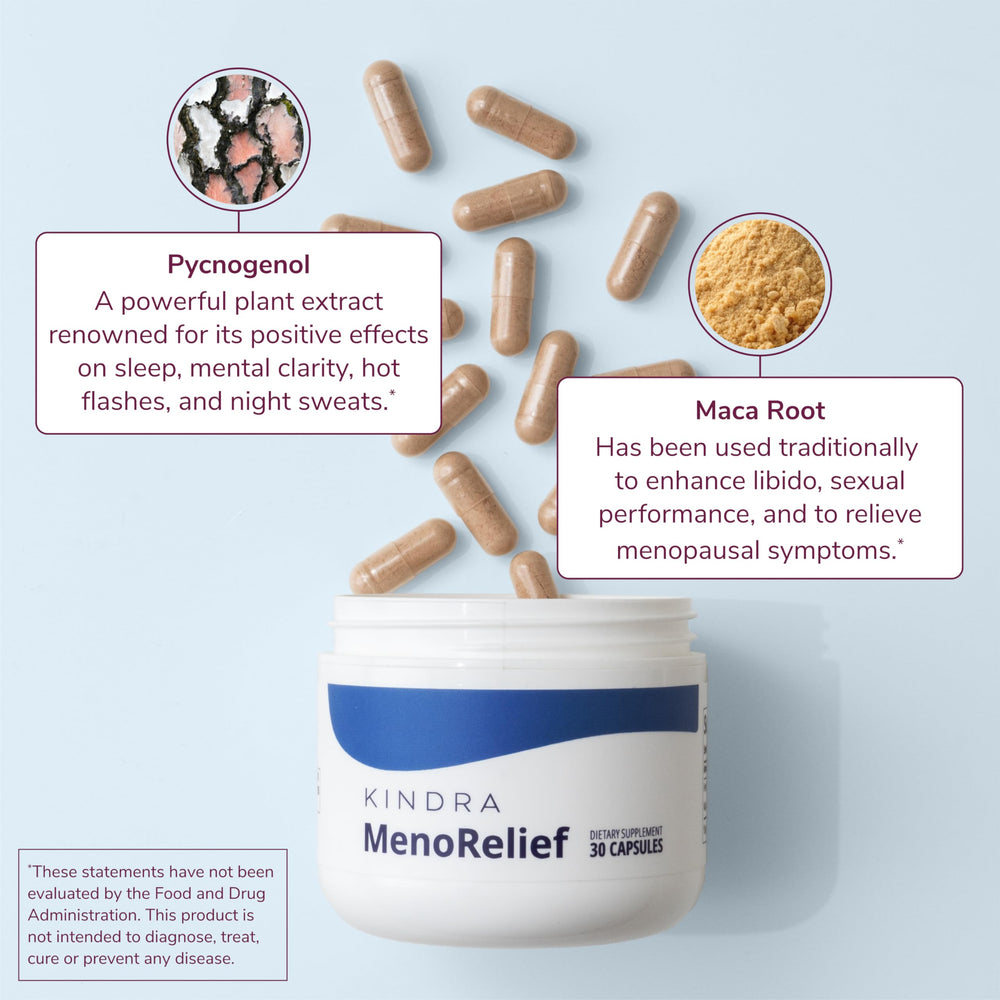 Kindra MenoRelief capsule in hand, convenient daily supplement for perimenopause comfort.
