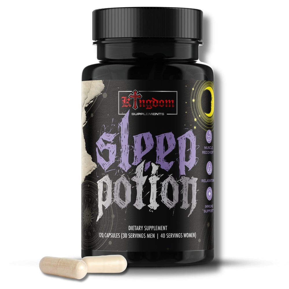 Kingdom Sleep Potion bottle on a nightstand promotes a calming bedtime routine.