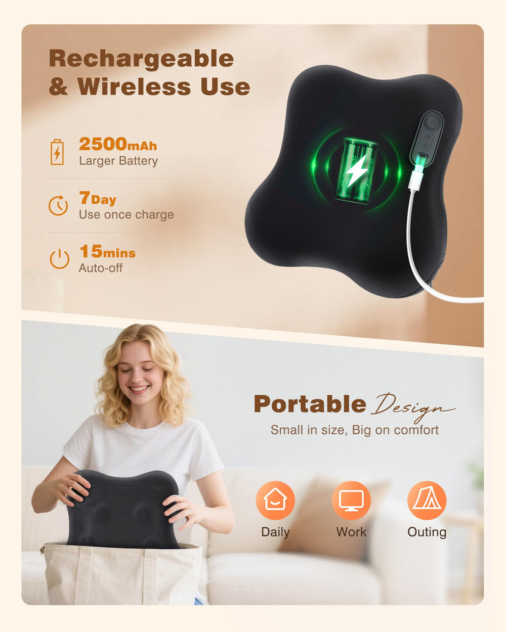 Deep tissue shiatsu modes with two speeds for daily relaxation or deeper relief.