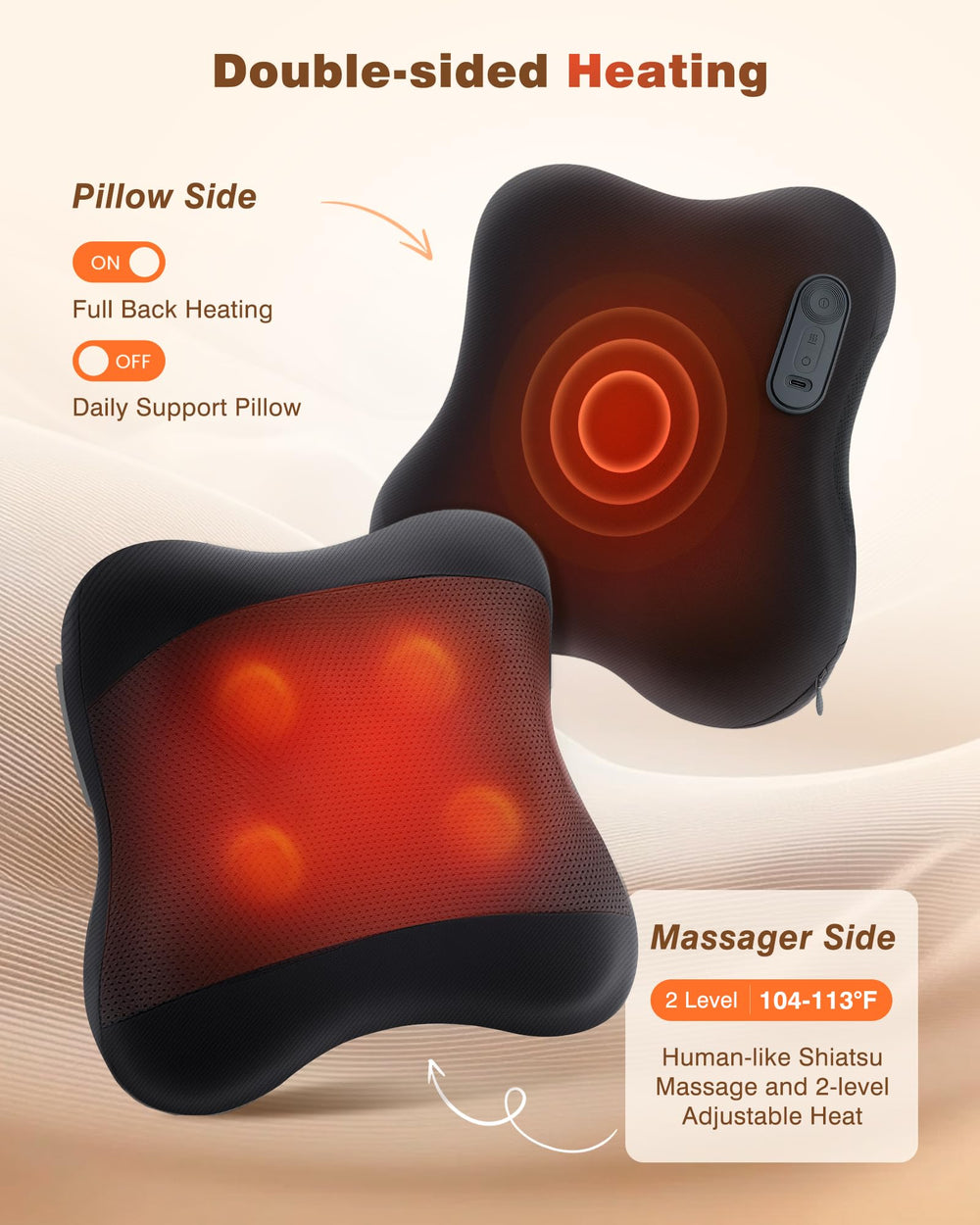 Dual heating with 104°F and 113°F levels on the KINGJOY massager.