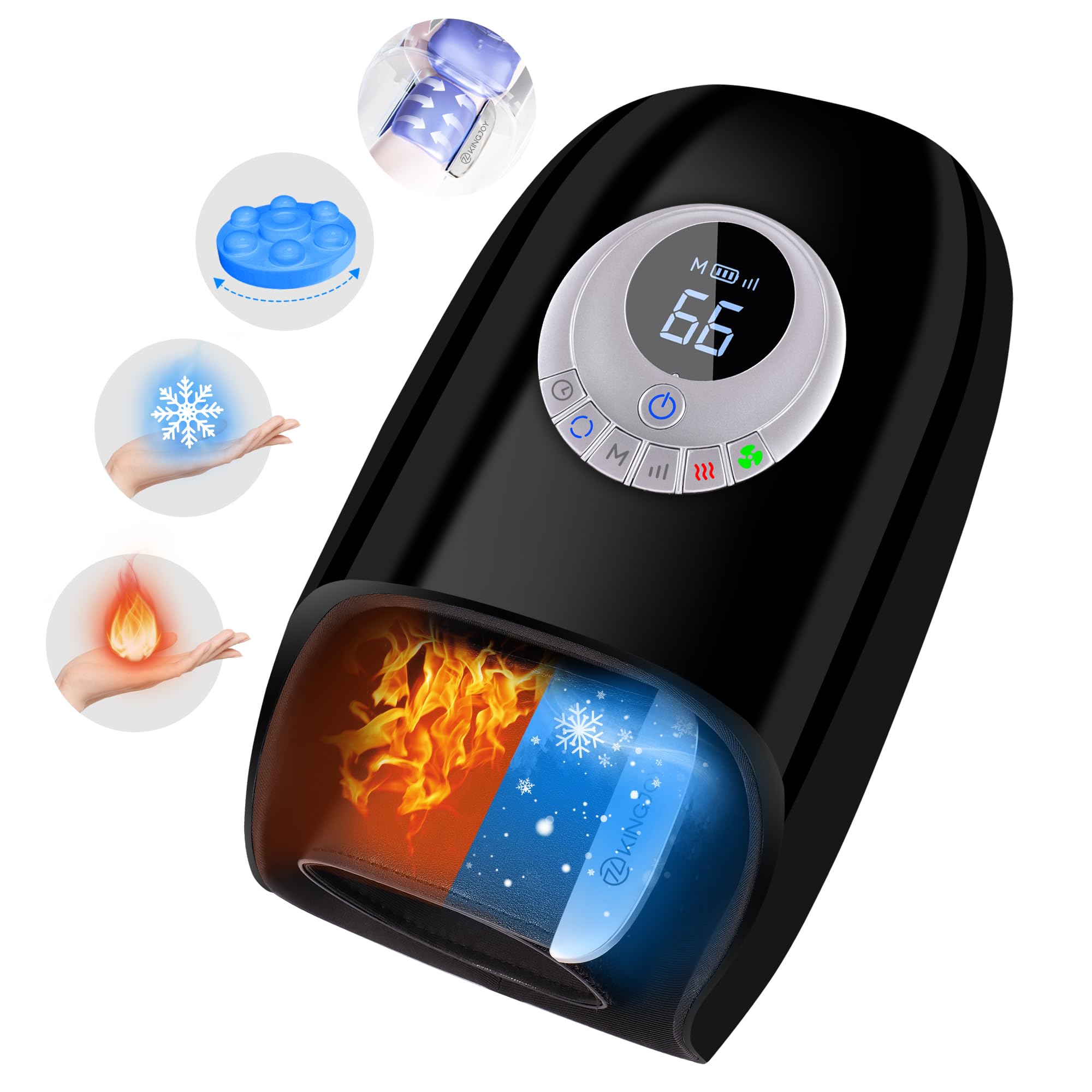  KINGJOY hand massager in use showing heat and compression for relaxing hand tension.