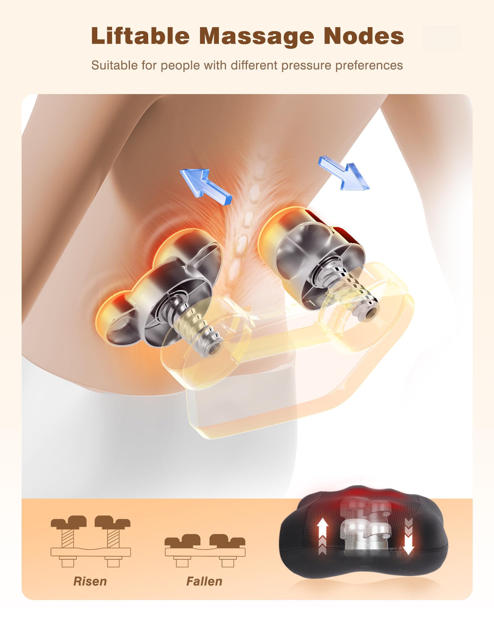 Liftable 4D massage nodes target upper and lower back for deep kneading.