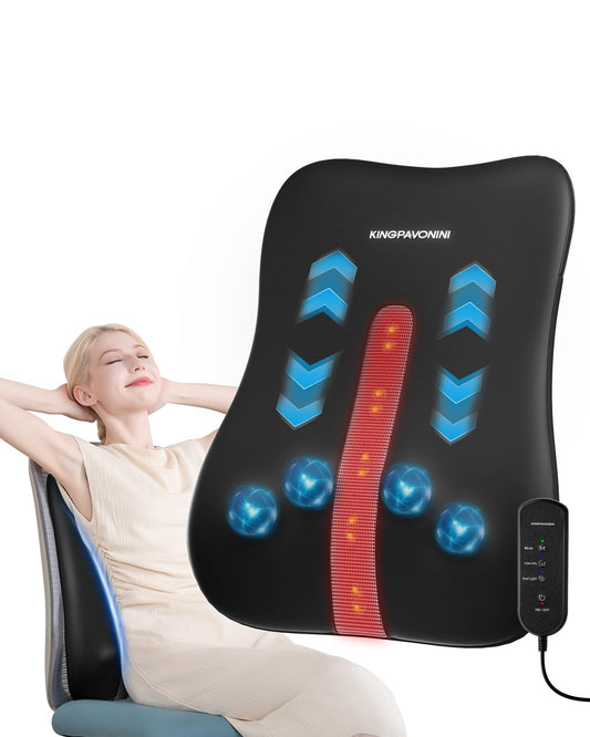 KingPavonini back massager shows full-back coverage for deep tissue relief.